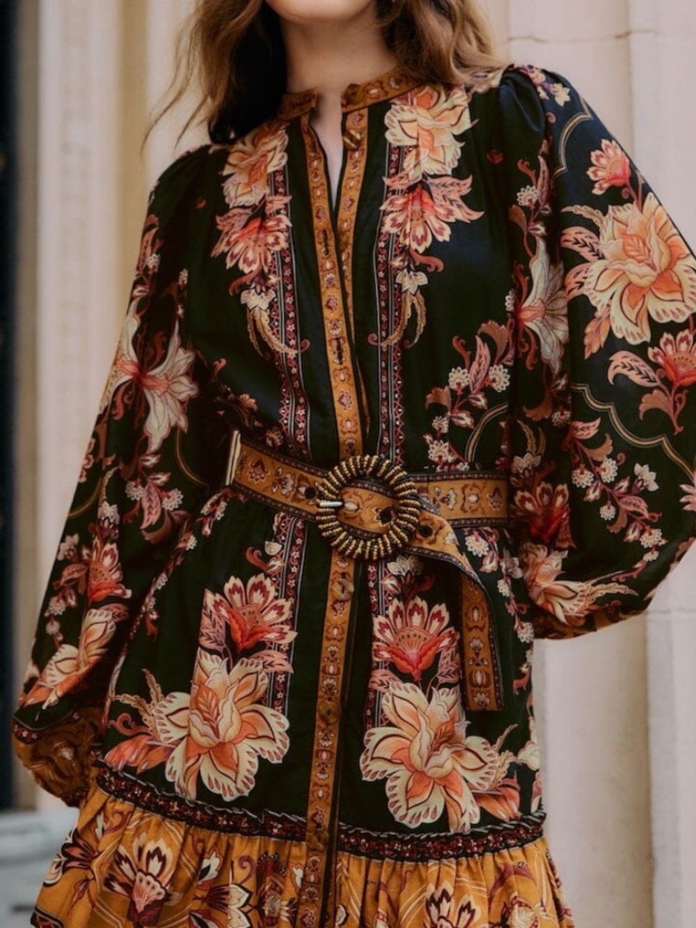 Farm Rio Black Majestic Garden Beaded Buckle Long Sleeve Mini Dress